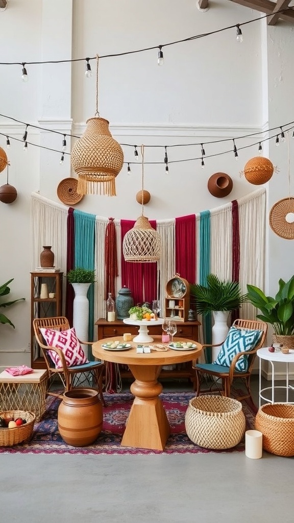 A cozy and colorful bohemian-themed bridal shower setup