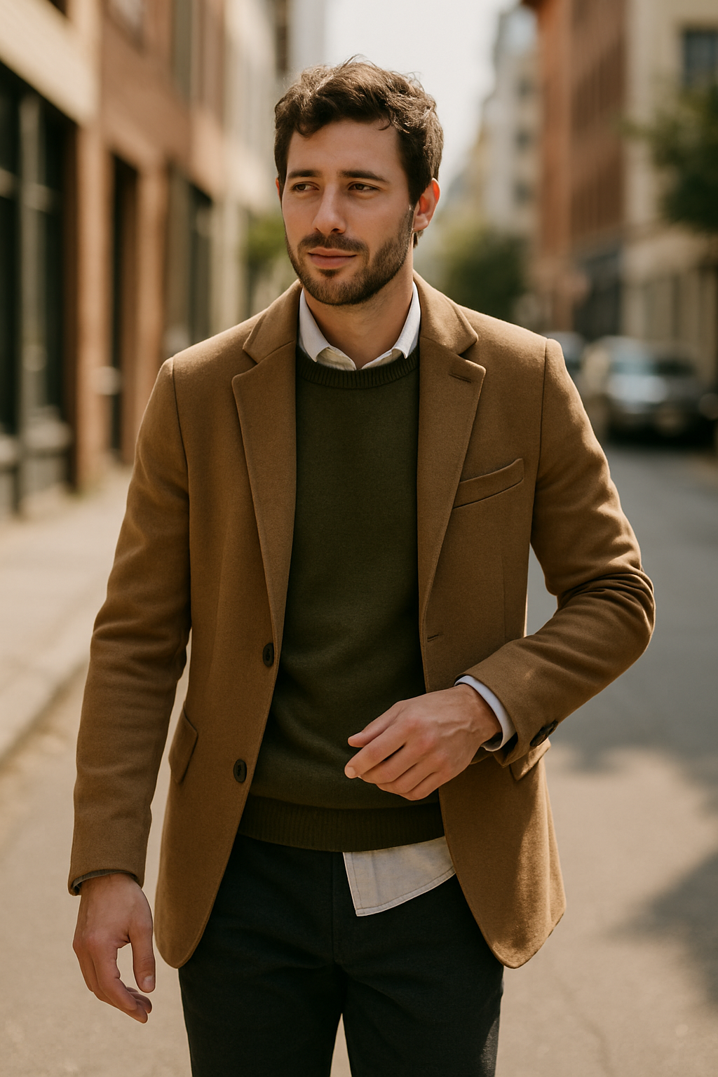 A stylish male model dressed in a casual outfit featuring a brown blazer and green sweater, walking through a city street.