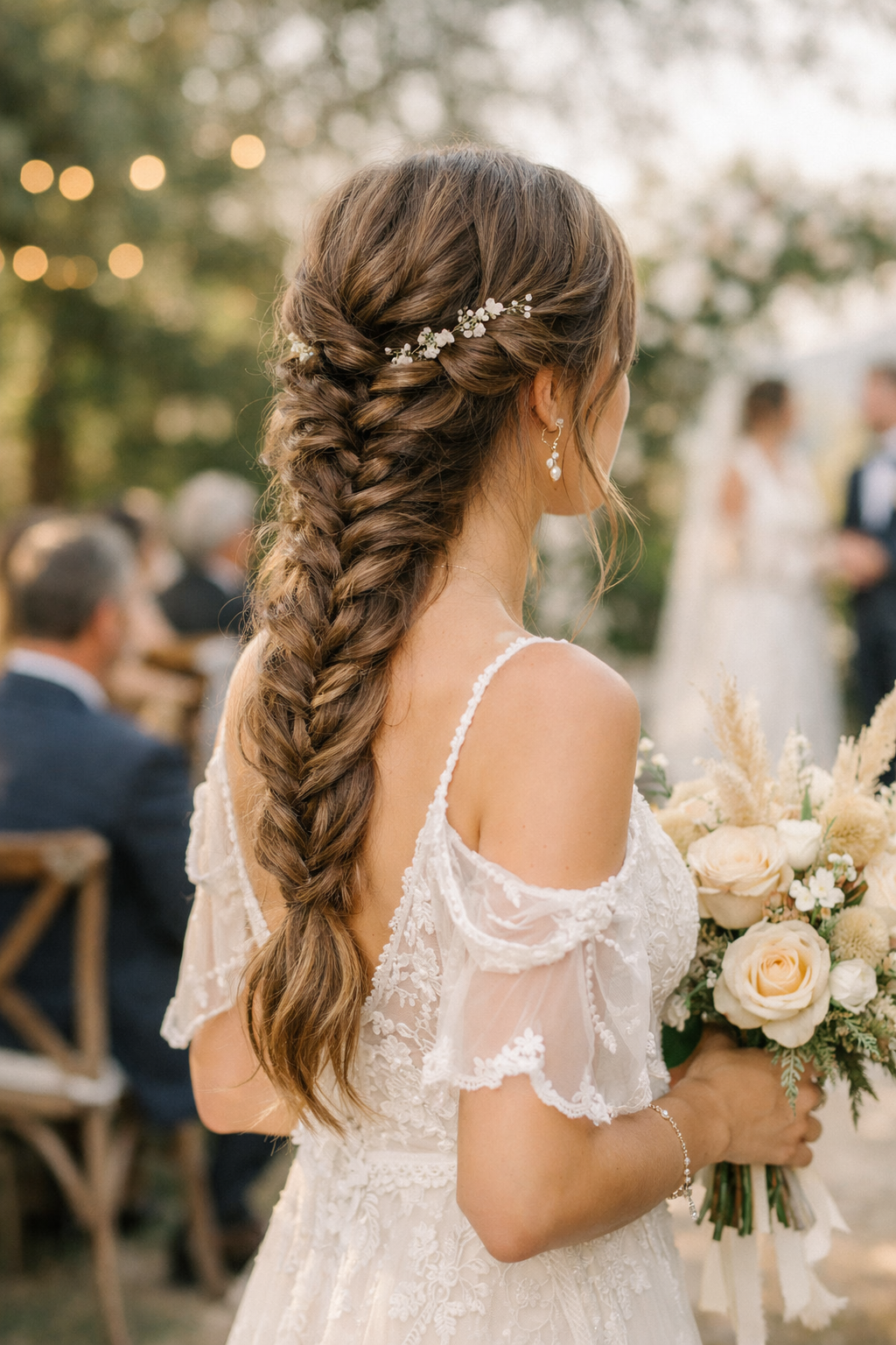 A woman with a bohemian fishtail braid, wearing a wedding dress and holding a bouquet.