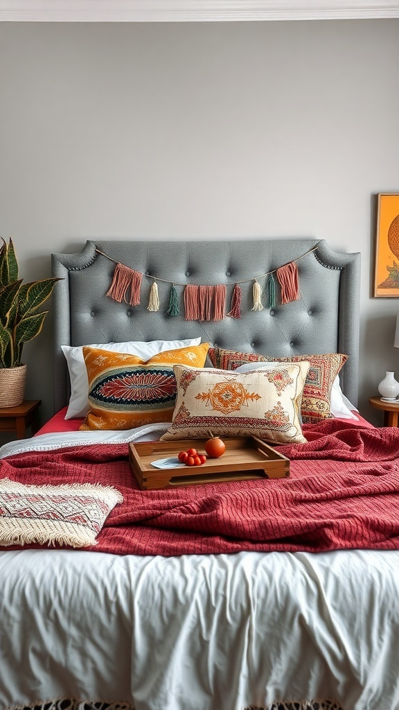 A cozy bedroom featuring a grey tufted headboard, colorful pillows, a red throw blanket, and a wooden tray with fruits.