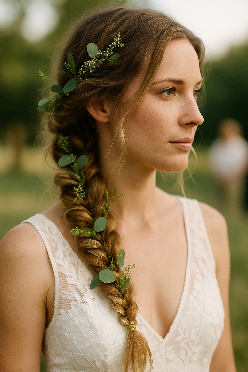 A bride with a loose braid hairstyle adorned with greenery, showcasing a bohemian style.