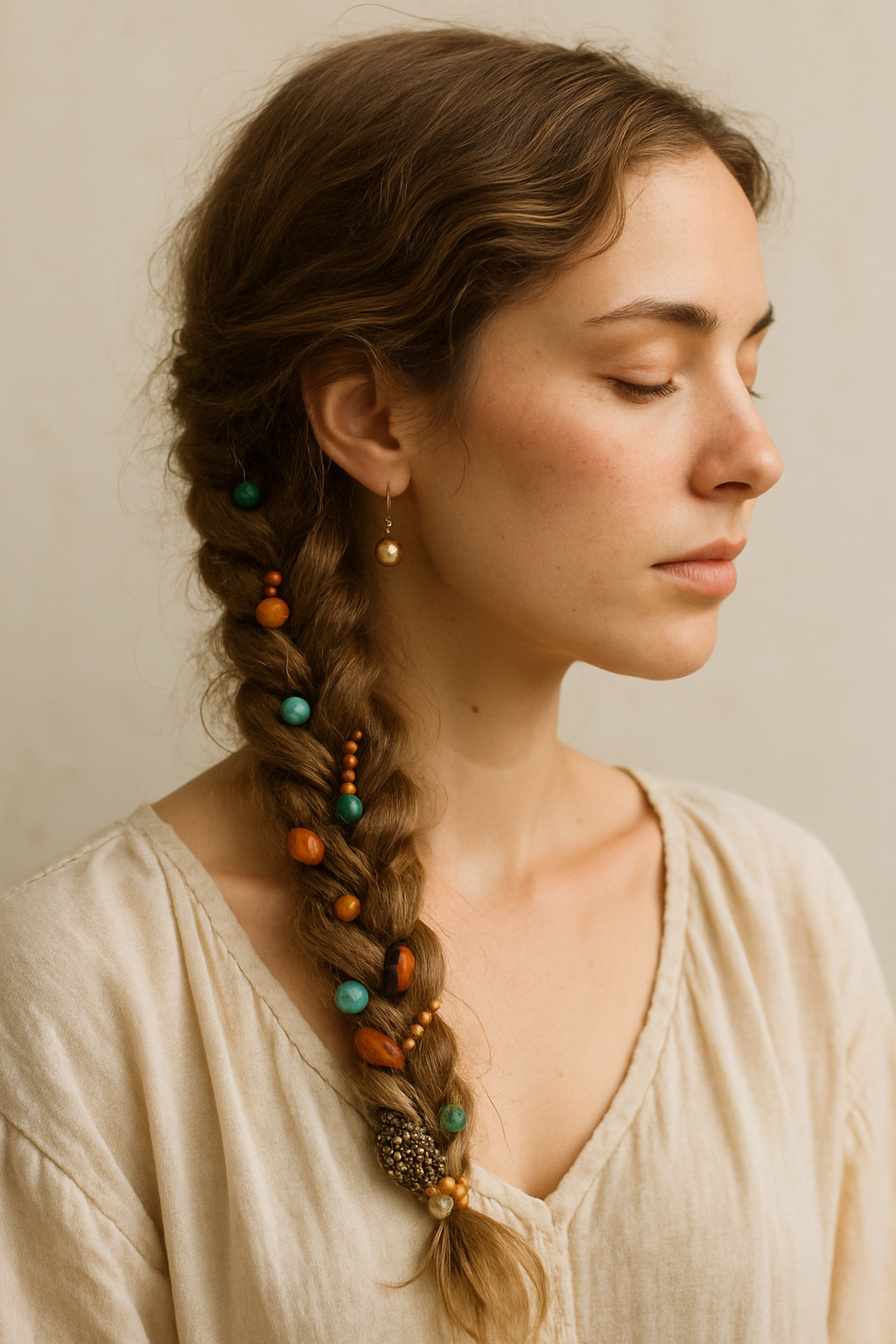 A woman with a loose braid hairstyle adorned with colorful beads, wearing simple earrings.