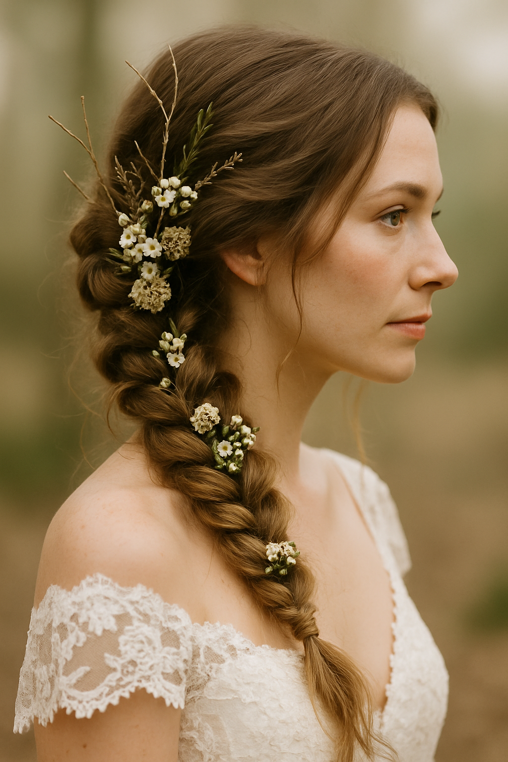 A bride with a loose braid adorned with flowers and twigs, wearing a lace wedding dress.