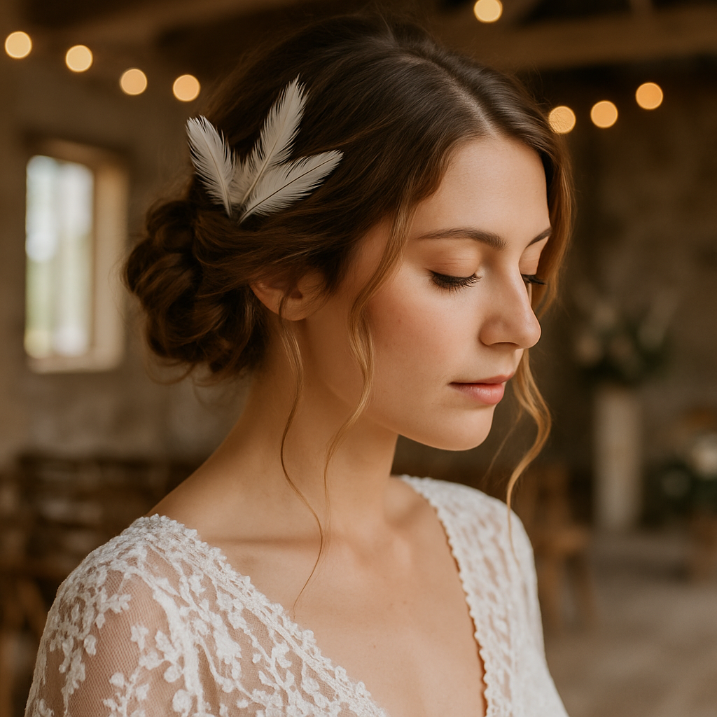 A bride's maid with a bohemian low updo hairstyle featuring feathers, showcasing soft curls and a romantic look.