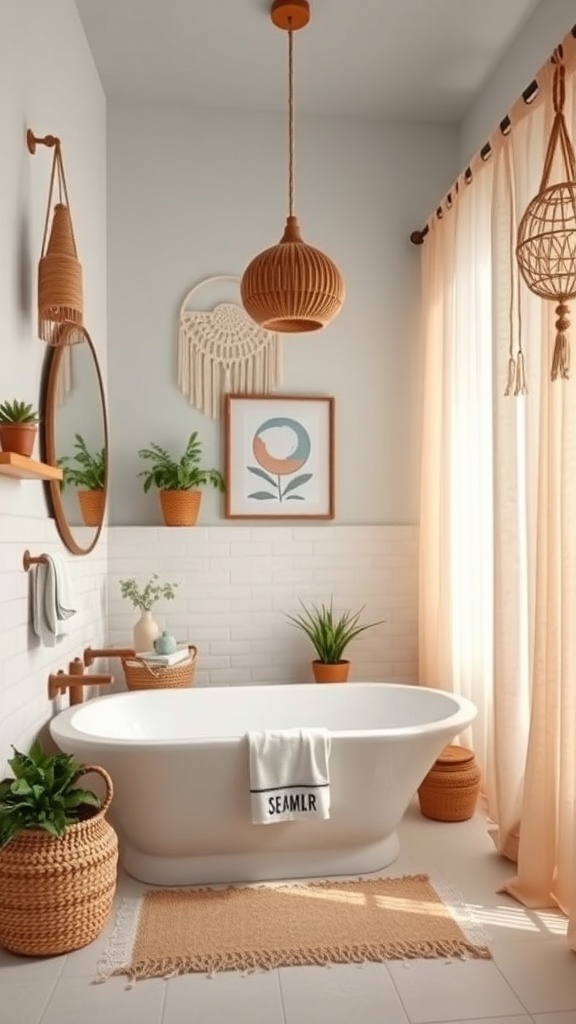 A cozy bathroom featuring a macrame wall hanging, plants, and soft curtains, creating a bohemian vibe.