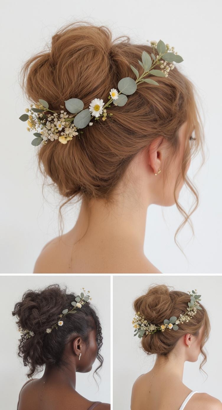 A bohemian messy bun hairstyle with flowers and greenery, suitable for bridesmaids.
