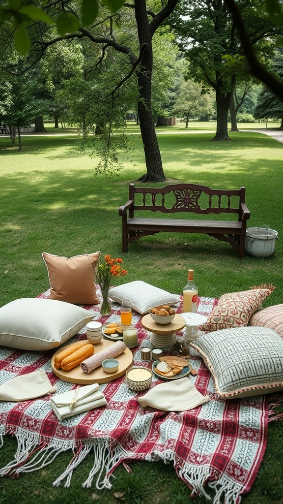 Outdoor picnic setup with cushions, blanket, food, and drinks in a park setting.