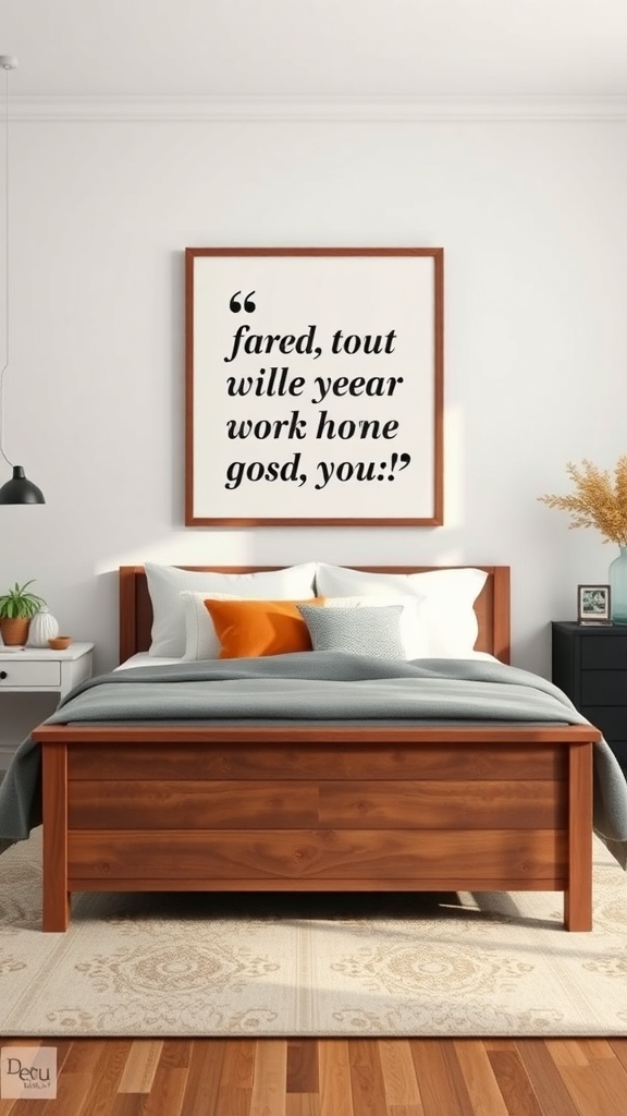 A cozy bedroom featuring a framed quote art piece on the wall above a wooden bed.