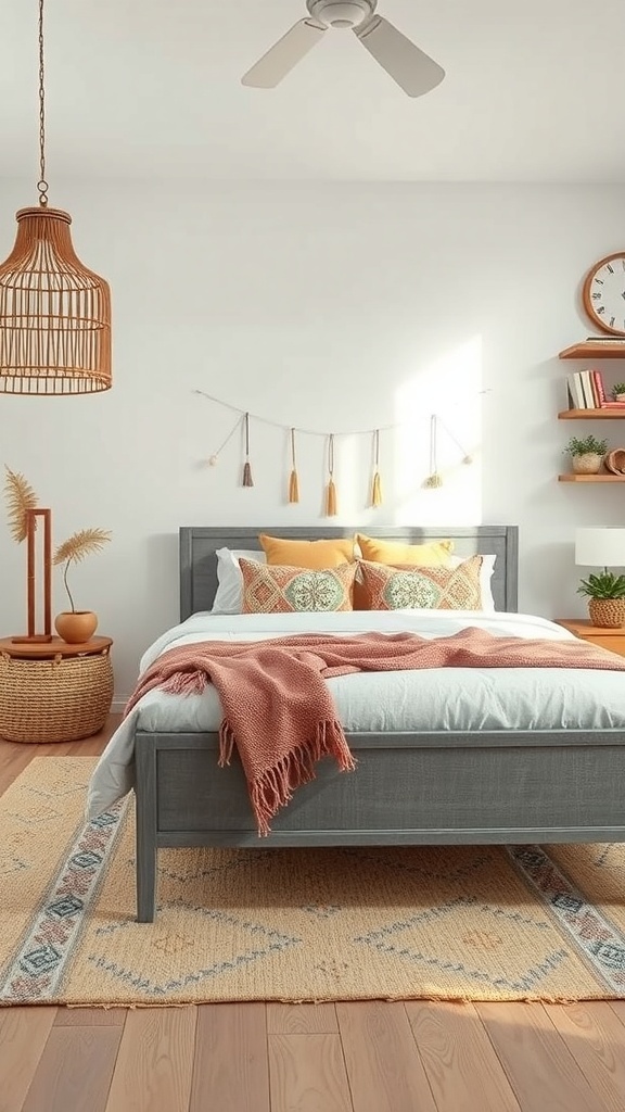 A cozy bedroom featuring a grey bed frame with vibrant patterned textiles, a woven rug, and natural decor elements.