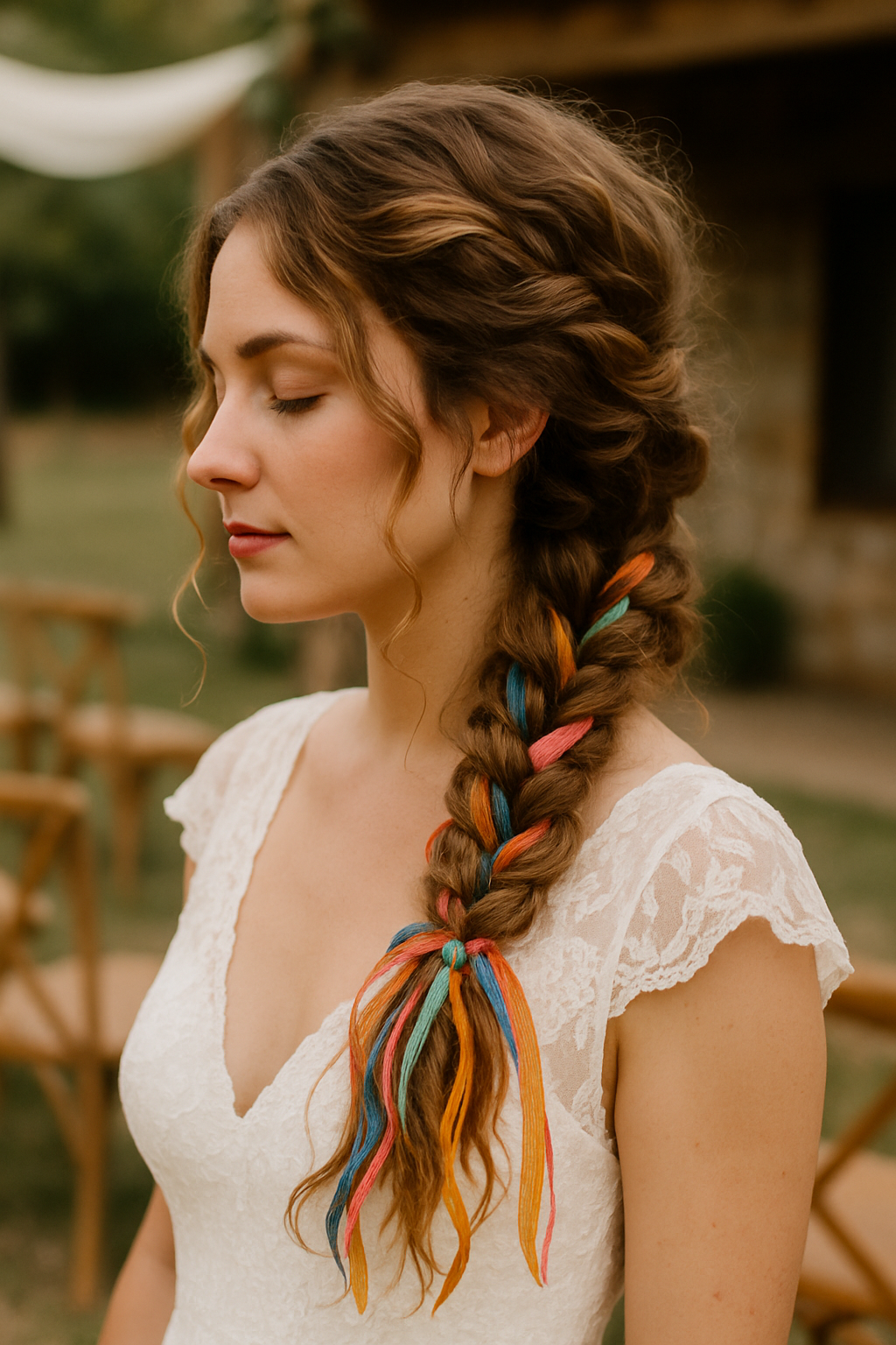 A bride with a bohemian side braid featuring colorful ribbons, wearing a lace wedding dress.