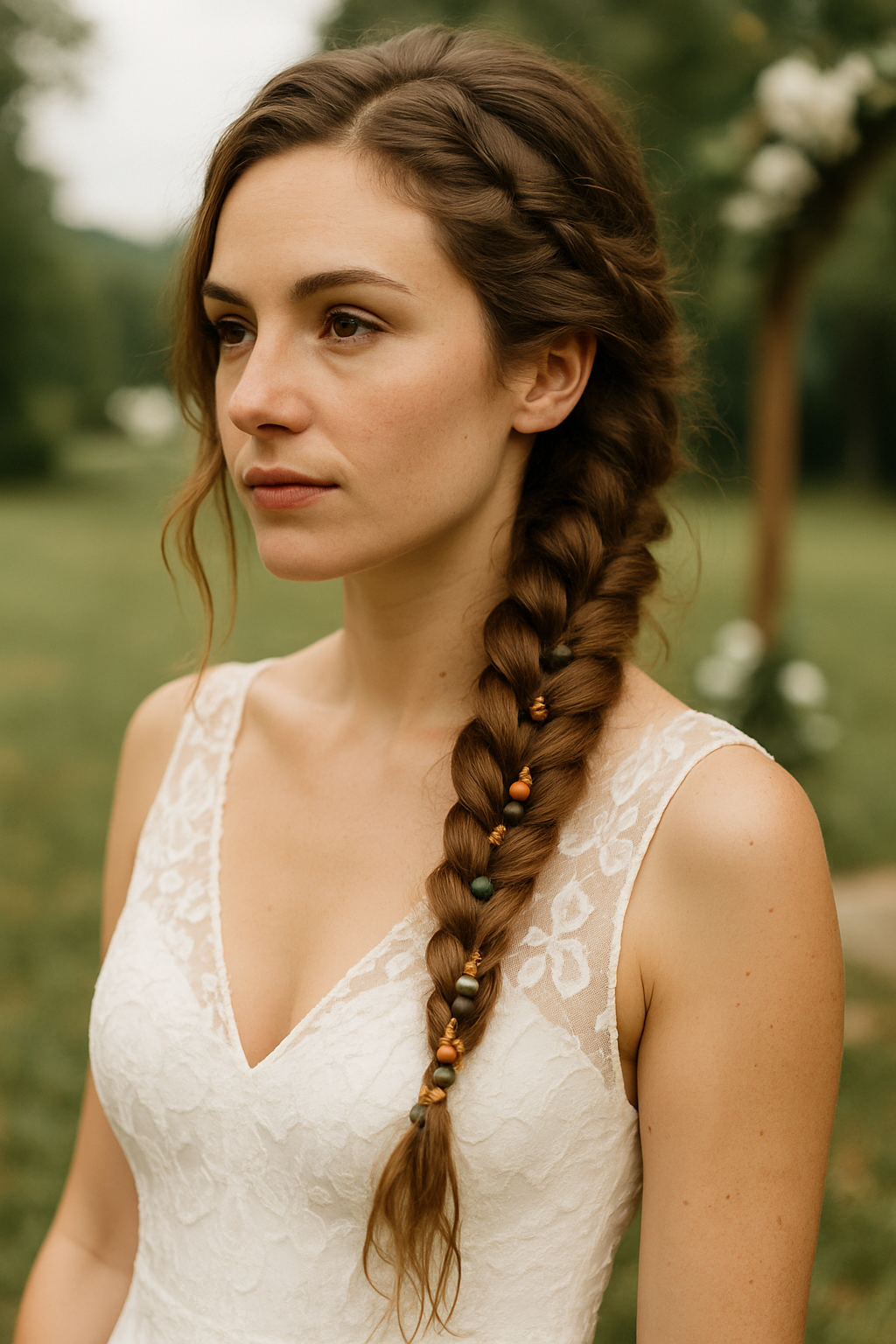 A woman with a side braid adorned with beads, wearing a lace wedding dress in a natural outdoor setting.