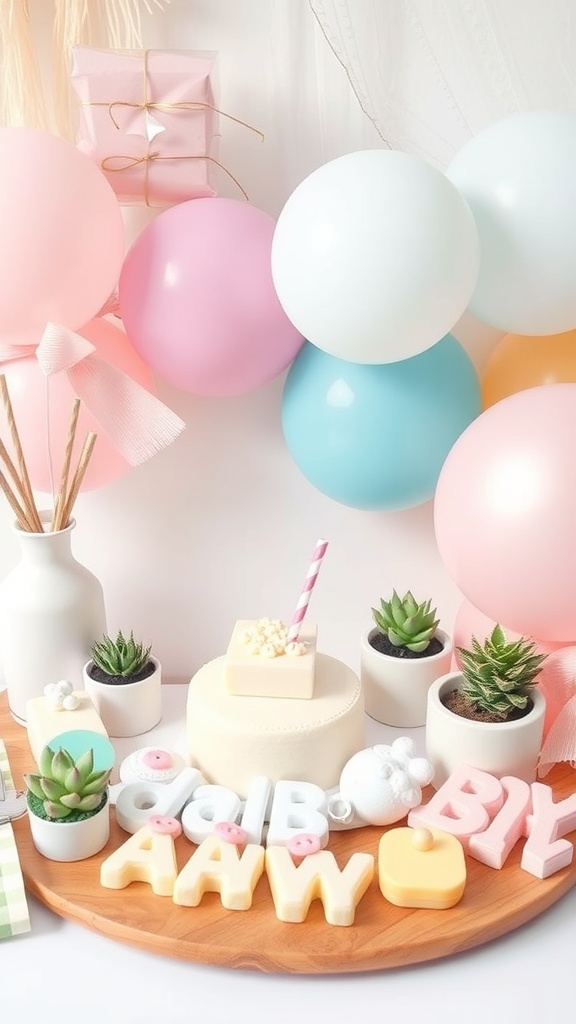 A colorful bohemian themed baby shower setup featuring balloons, a cake, and decorative items.
