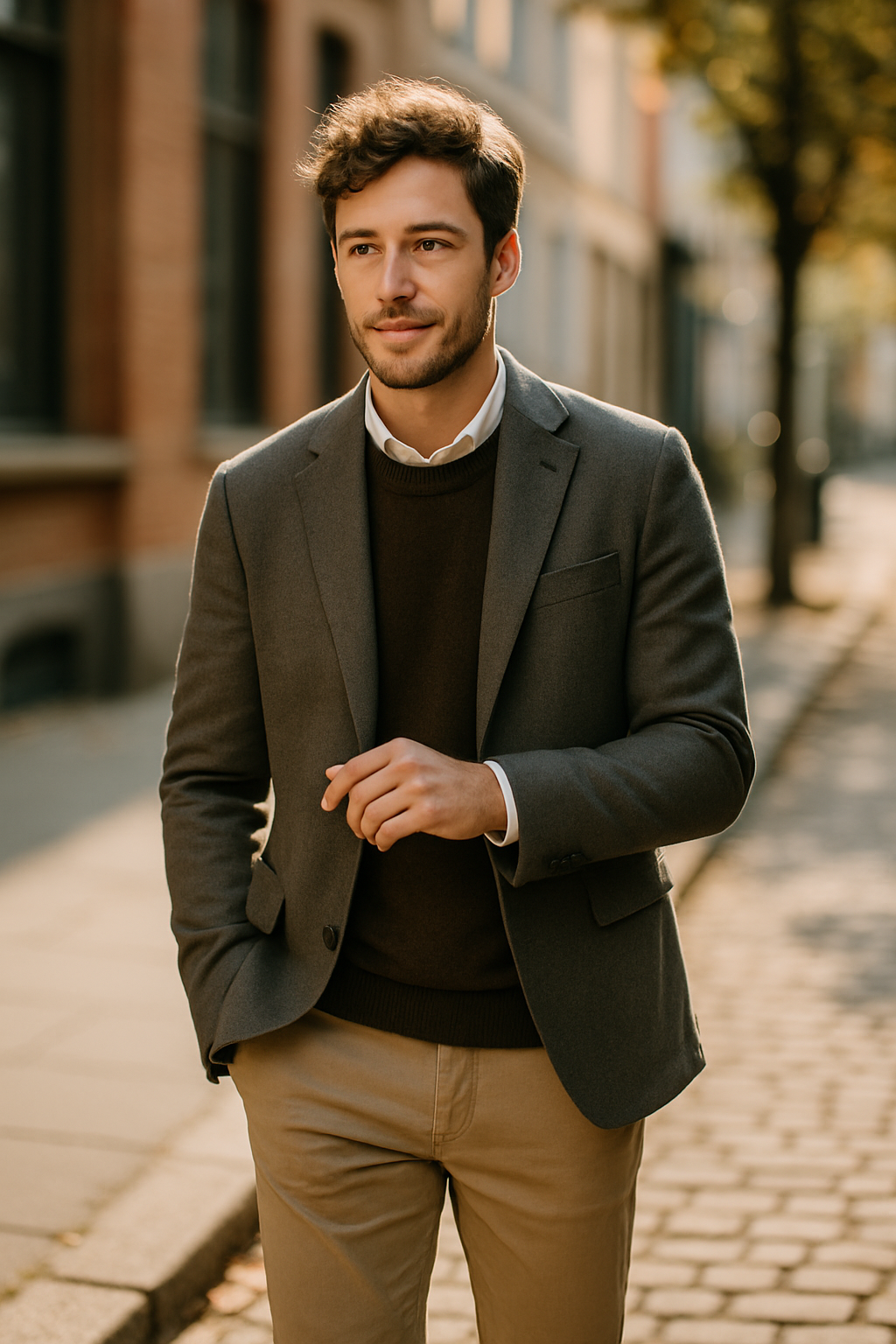 A stylish man wearing beige cargo pants with a sweater and blazer, walking in an urban setting.
