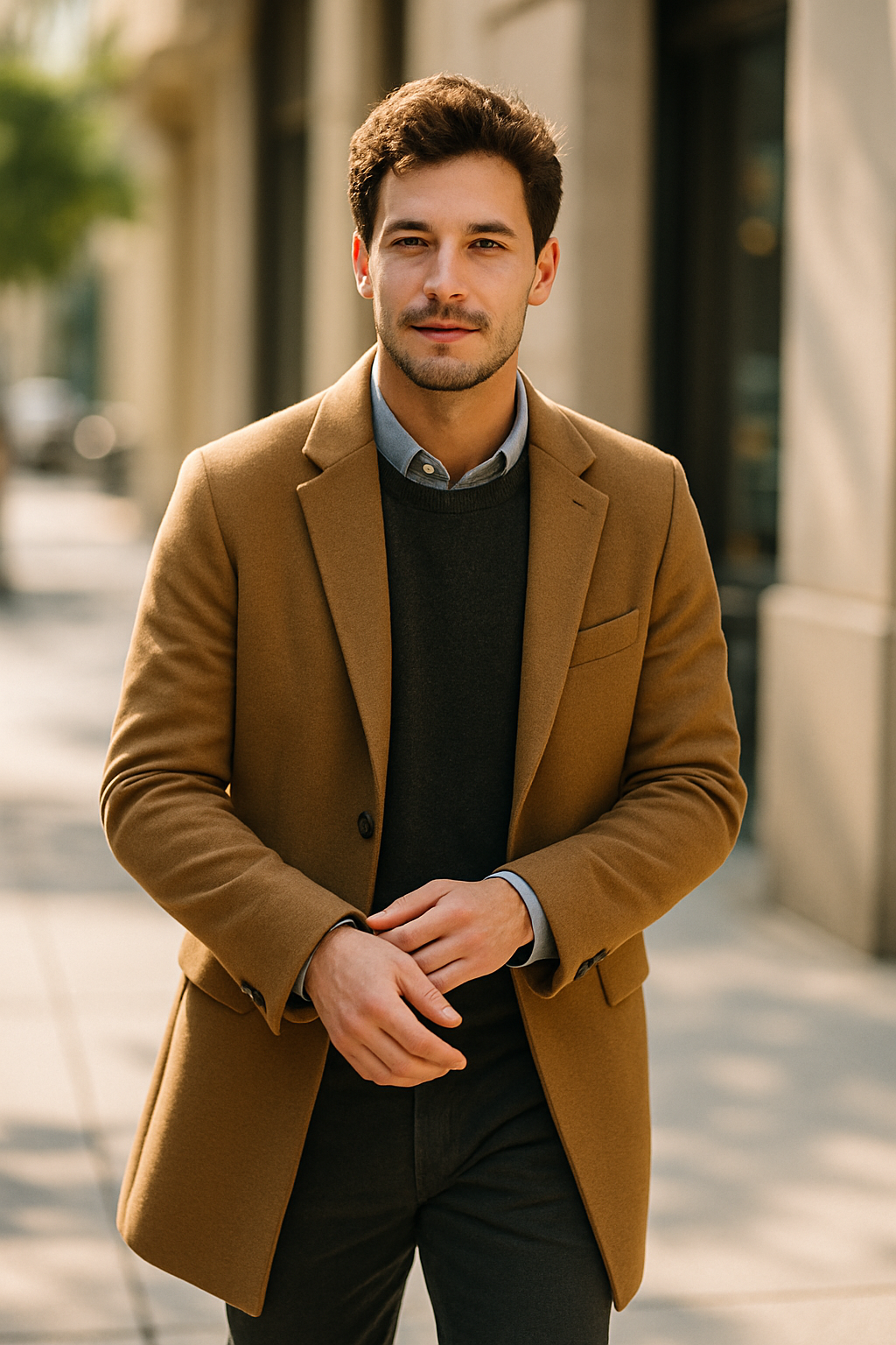 A man in a camel coat and dark sweater, wearing black cowboy boots, walking confidently on a city street.