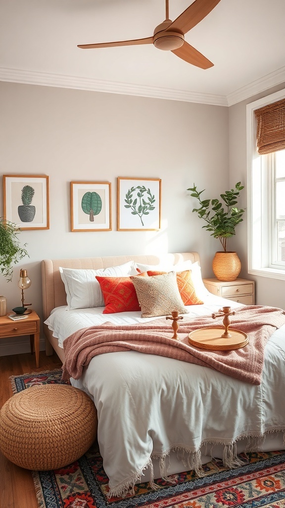 A cozy boho-chic bedroom with a bed adorned with colorful pillows, a woven pouf, and botanical wall art.