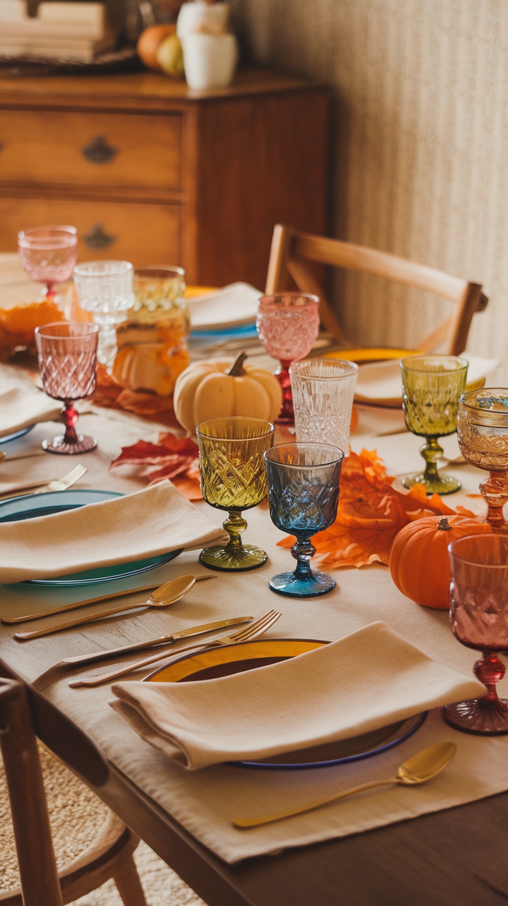 A boho-inspired Thanksgiving table with colorful glassware, pumpkins, and autumn leaves.