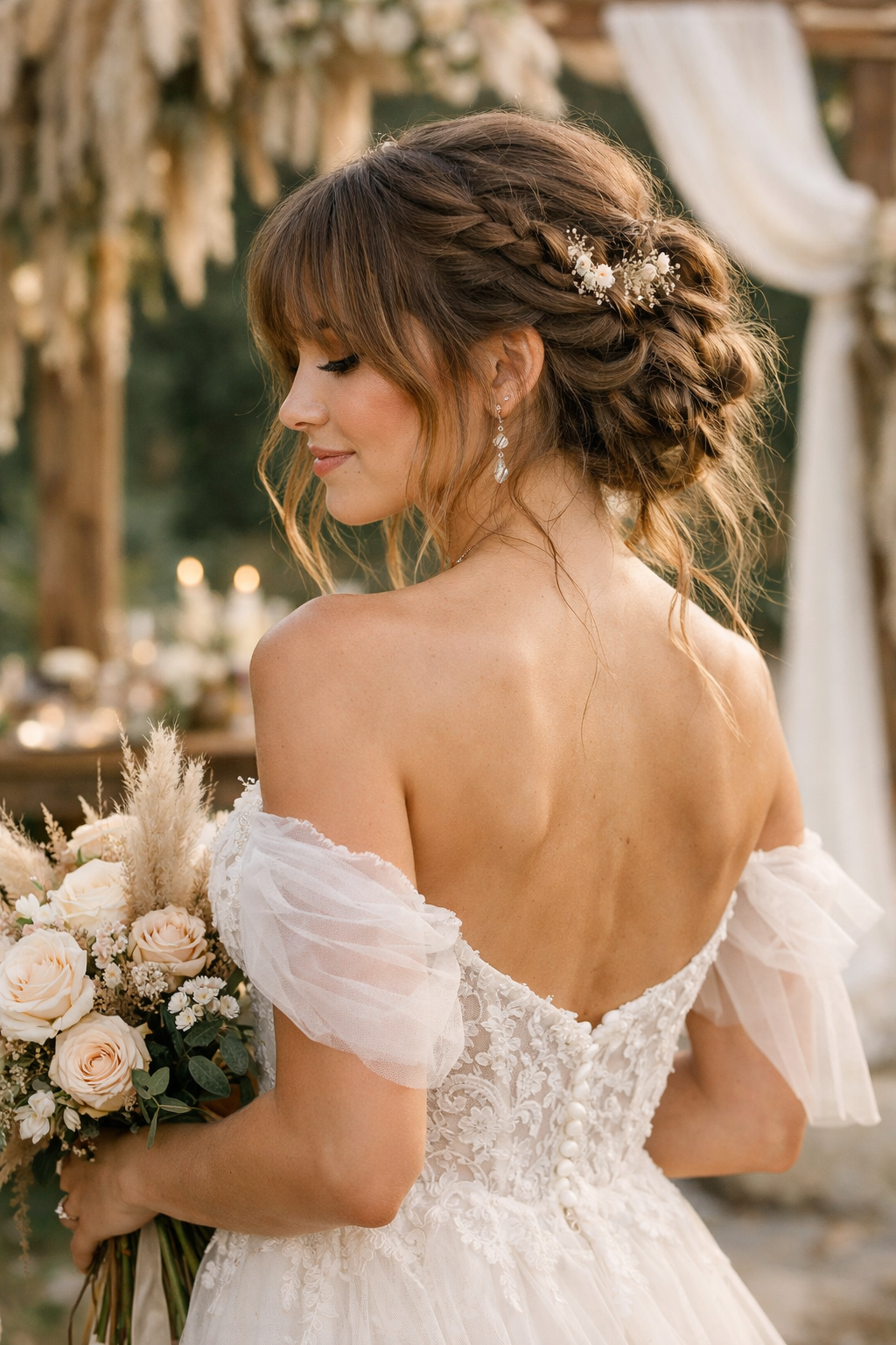 A woman with boho style braids and wispy bangs, wearing a beautiful wedding dress and holding a bouquet.