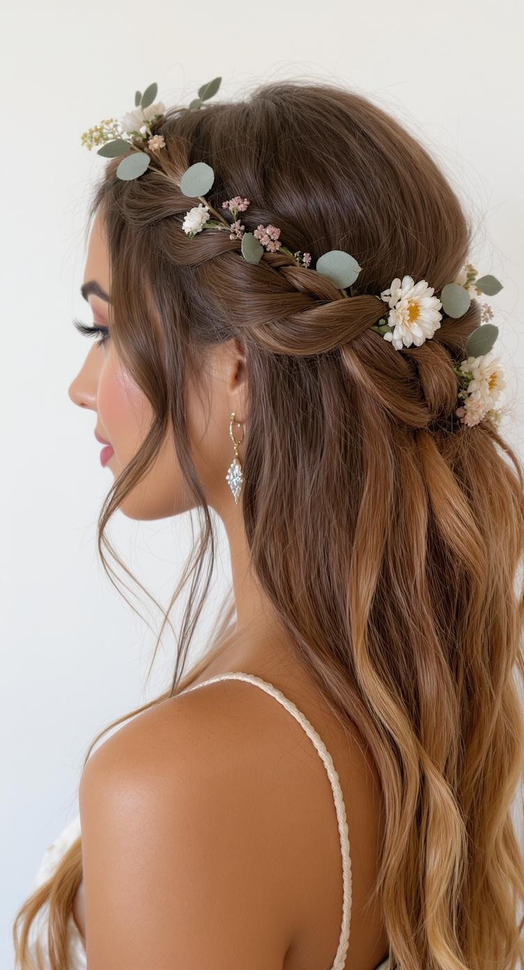 A side view of a woman with a braid crown hairstyle adorned with flowers and greenery.