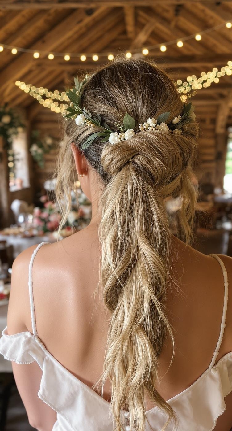 A boho chic ponytail hairstyle with beads and greenery, styled for a bridesmaid.