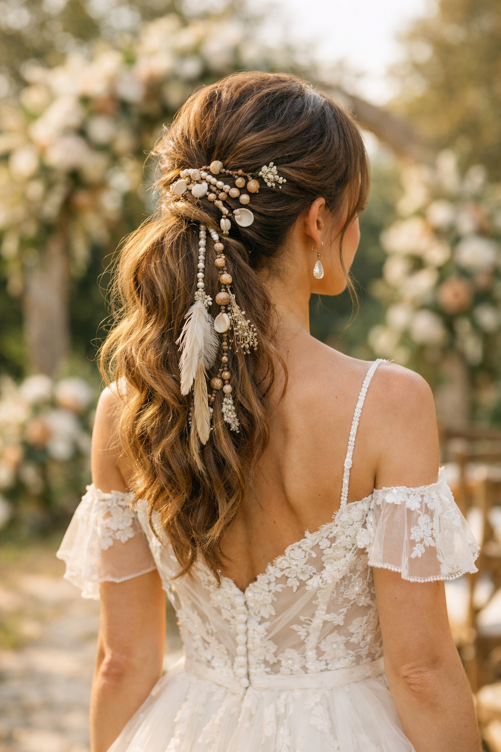 Boho chic ponytail hairstyle with beads and feathers, perfect for a wedding guest.