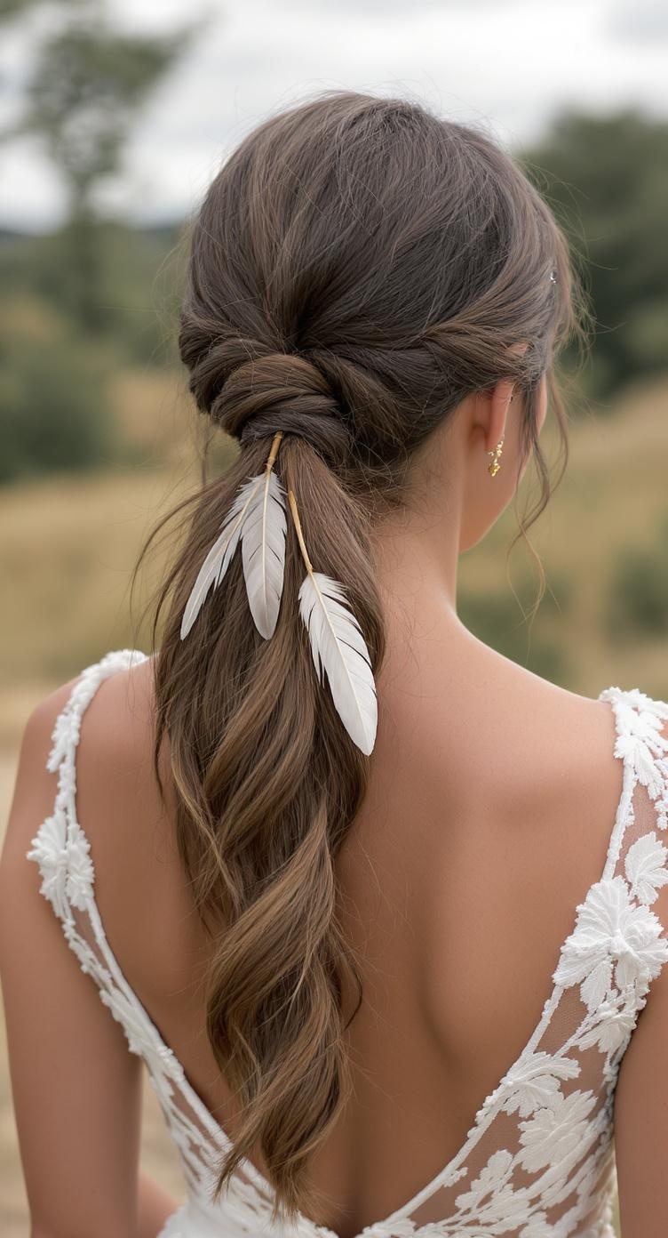 A boho chic ponytail hairstyle with feather accents, styled elegantly for a wedding bridesmaid.