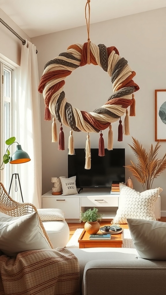 A colorful Boho Chic Rag Wreath hanging in a cozy living room setting.