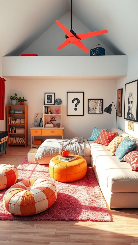 A colorful teen loft bedroom featuring a red ceiling fan, orange poufs, and patterned cushions.