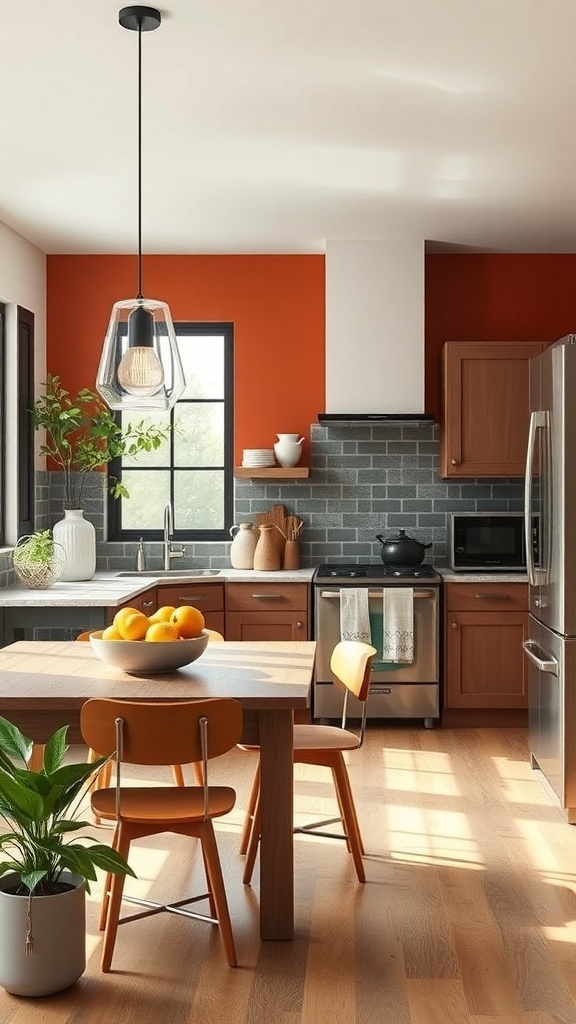 A rustic modern kitchen featuring a bold orange accent wall, gray backsplash, and wooden cabinets.