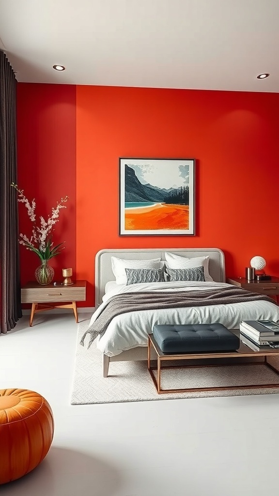 A modern bedroom featuring a bold red accent wall, stylish bed, and unique decor.