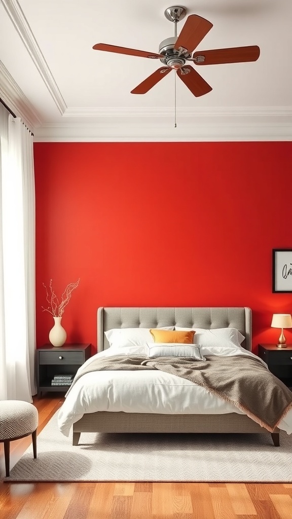 A bedroom featuring a bold red accent wall, a gray upholstered bed, and modern decor.