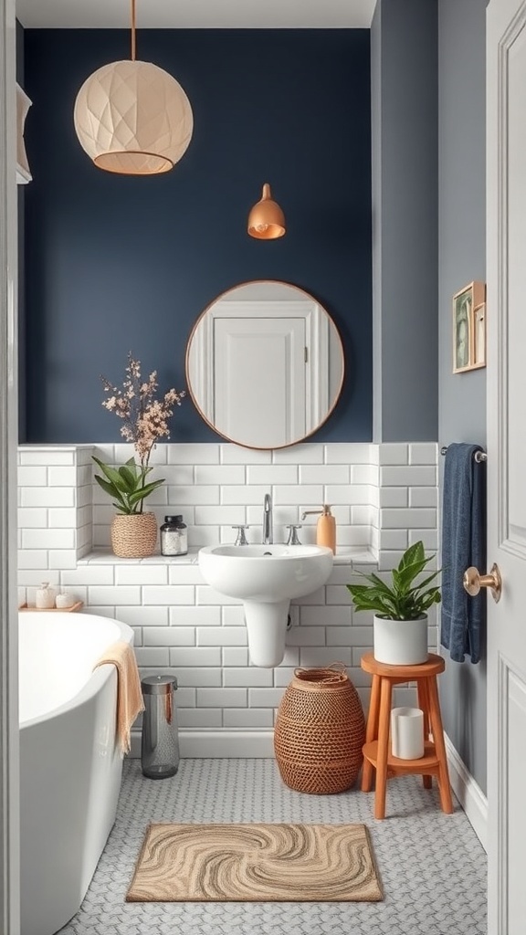 A small bathroom featuring a bold navy accent wall, white tiles, and stylish decor.