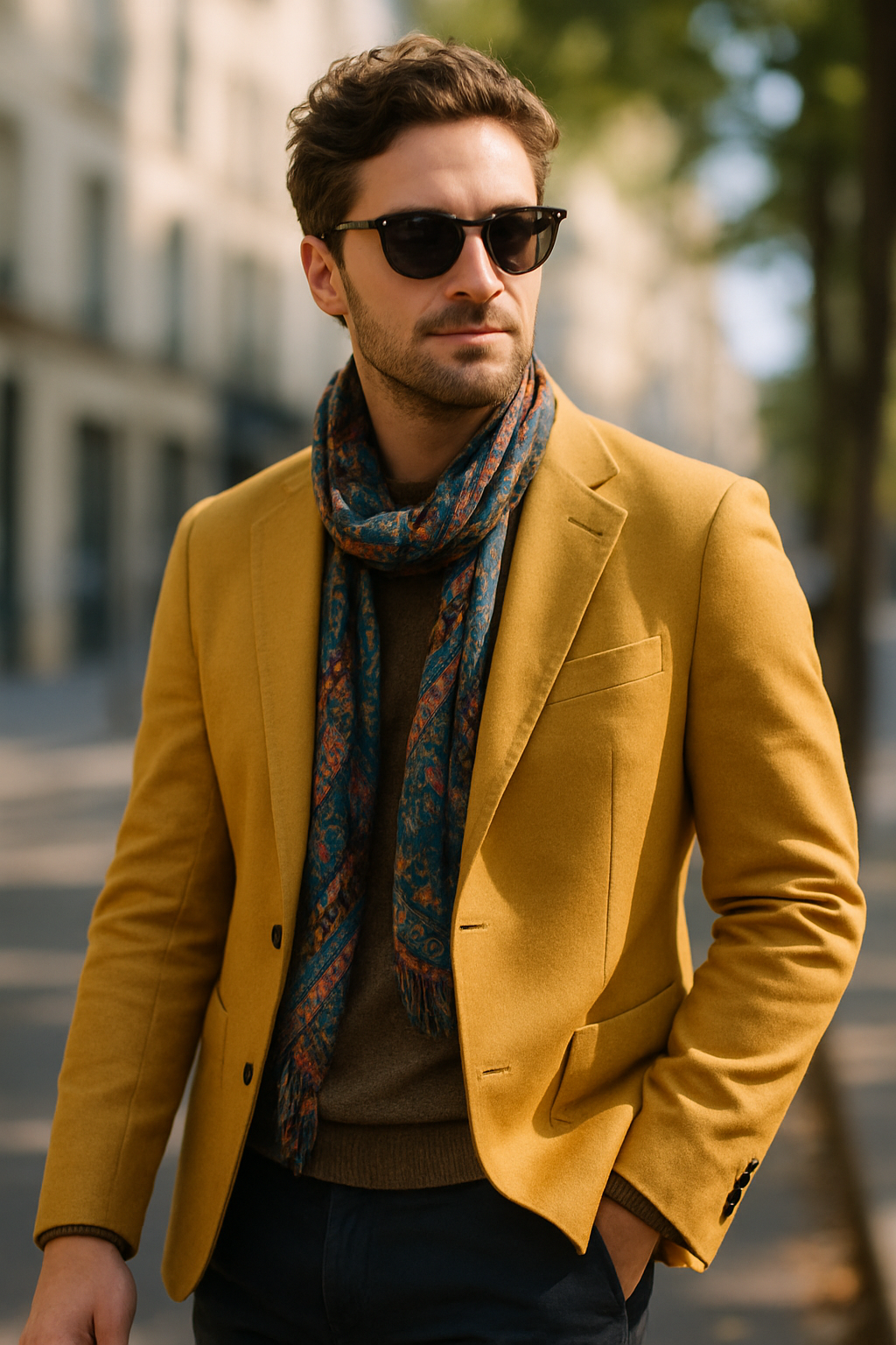 A man wearing a yellow blazer, patterned scarf, and sunglasses, walking in an urban setting.