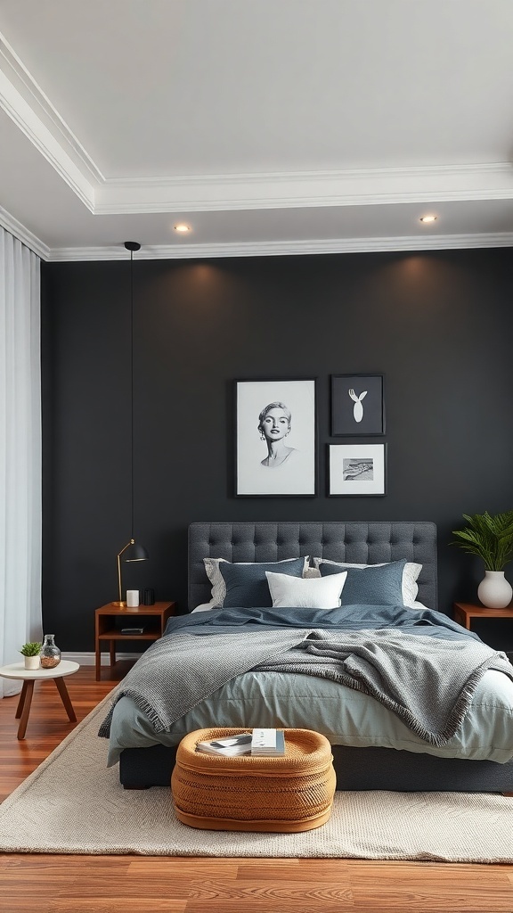 A modern bedroom featuring a bold black accent wall, stylish bedding, and framed artwork.
