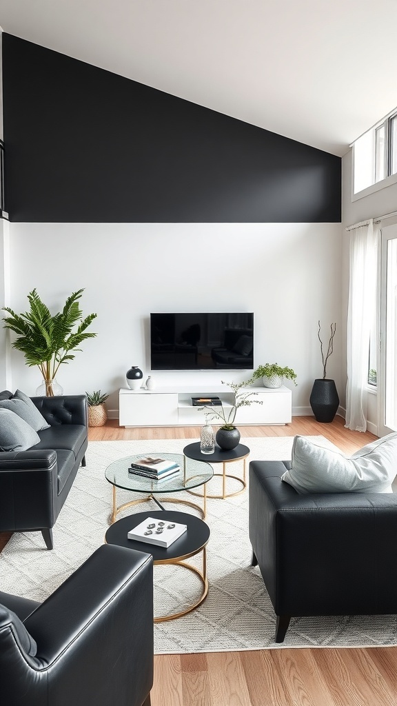 A modern living room featuring black sofas, a white entertainment unit, and a glass coffee table with plants.
