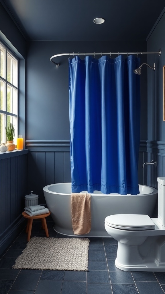 A bathroom featuring a bold blue shower curtain, navy walls, and a white bathtub.