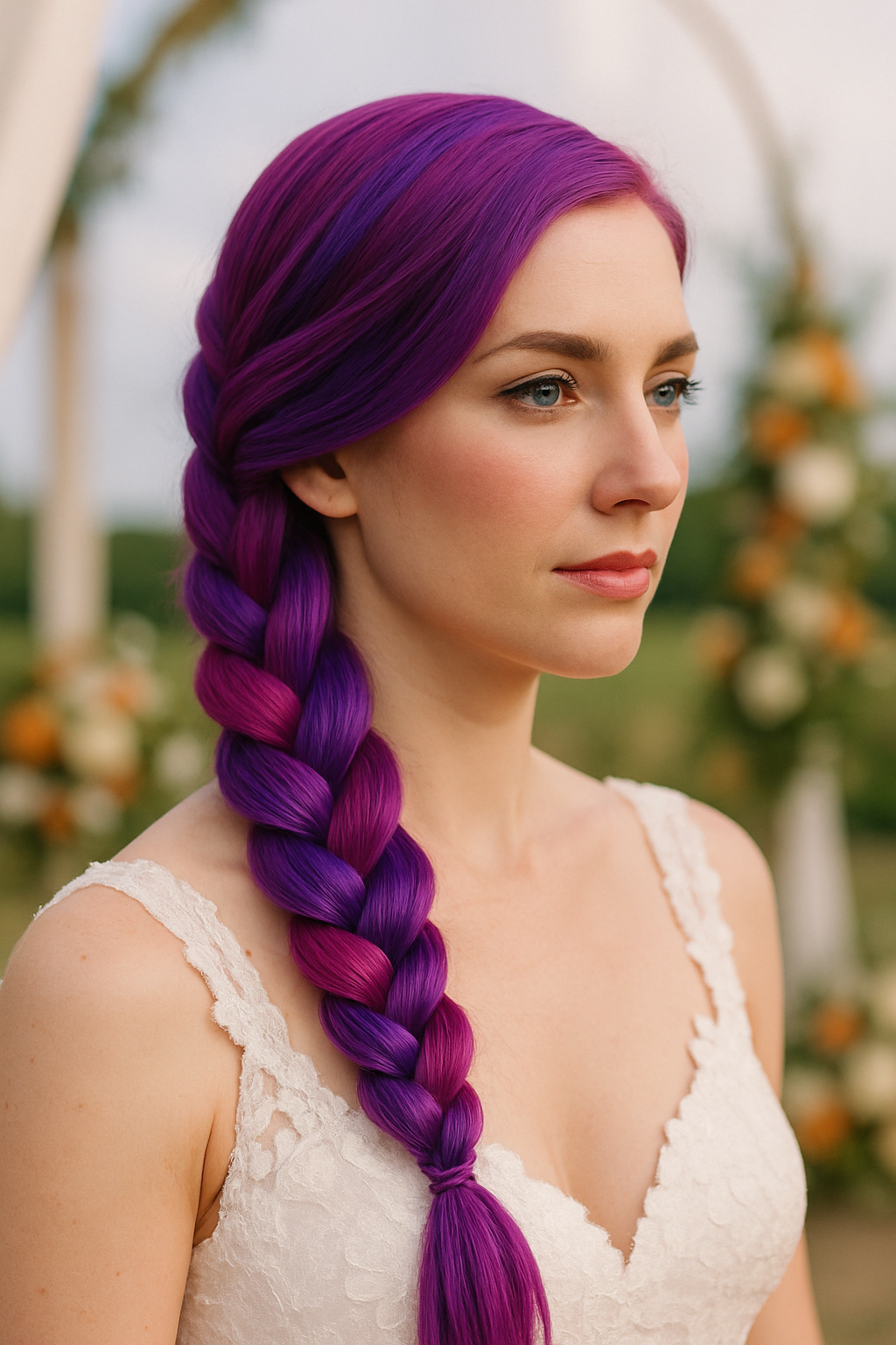 Bride with a vibrant purple braid hairstyle