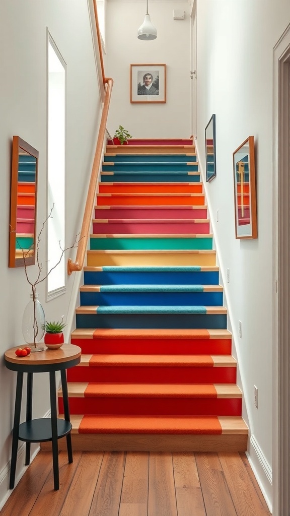 A staircase with bold color accents in red, blue, and orange, featuring a modern design.