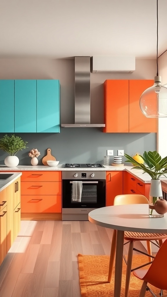 A modern kitchen featuring turquoise and orange cabinets, a sleek stove, and a round dining table.