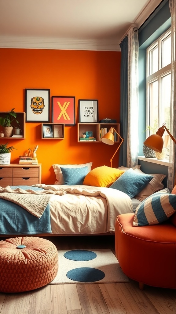 A modern teen boy bedroom with bold orange walls, blue and orange accents, and stylish decor.