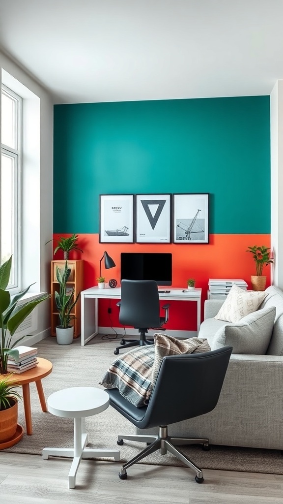 A modern room featuring a bold color block design with teal and orange walls, a gray sofa, and a white desk.
