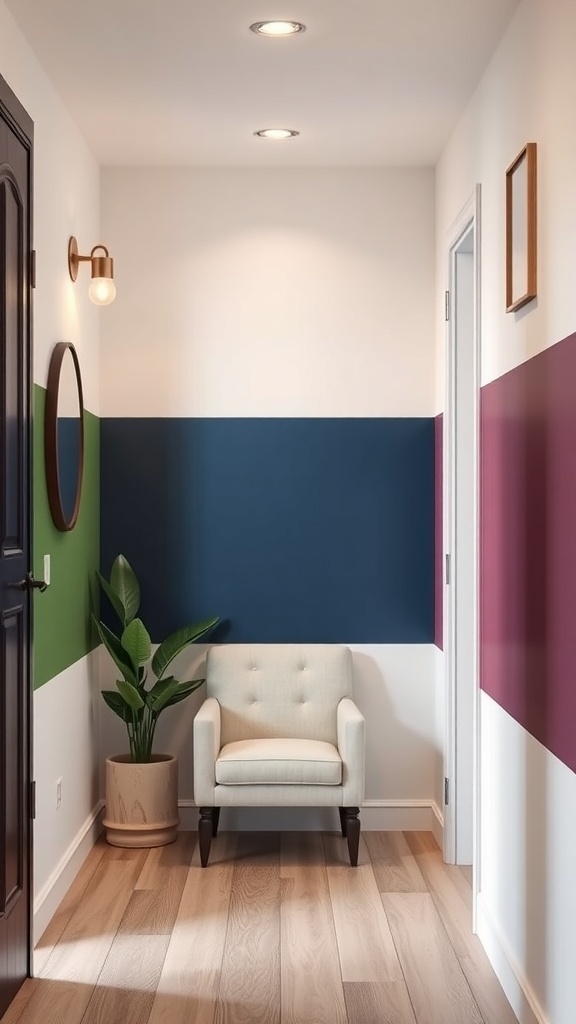 A hallway with bold color block design featuring blue, green, and burgundy walls, a chair, and a plant.