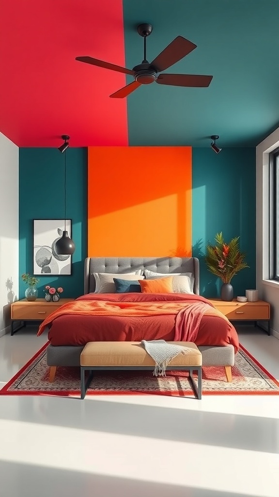 A bedroom featuring bold color blocking with teal, orange, and red walls, a gray bed, and stylish decor.