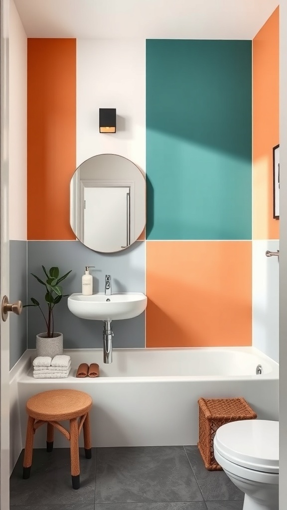 A bathroom with bold color blocks in orange, teal, and gray, featuring a circular mirror and a potted plant.