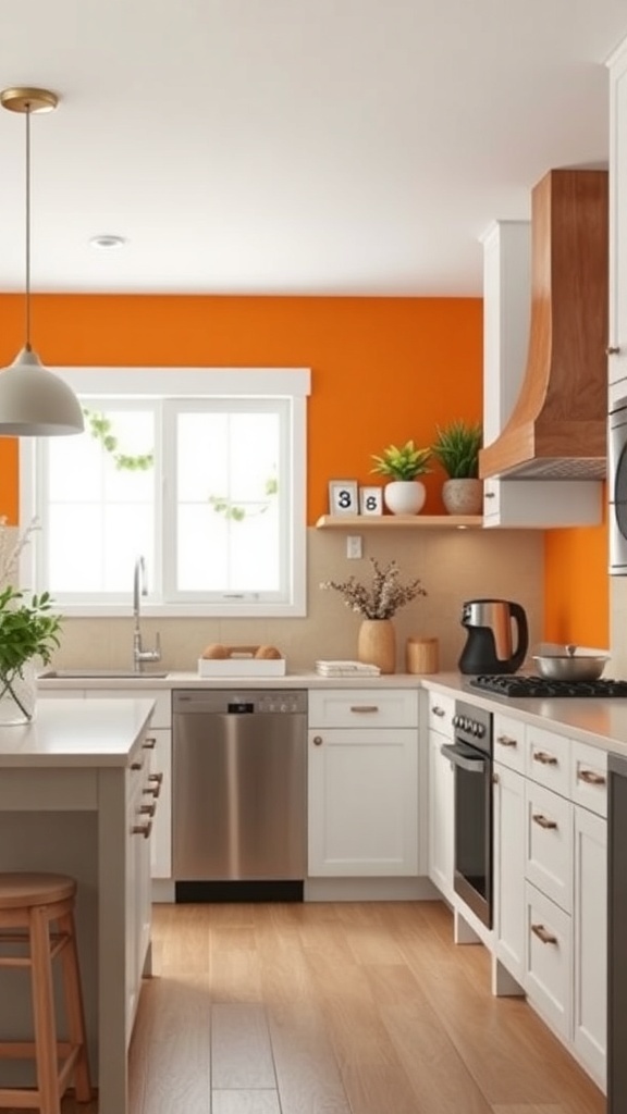 A modern kitchen featuring a bright orange accent wall, white cabinetry, and natural wood elements.