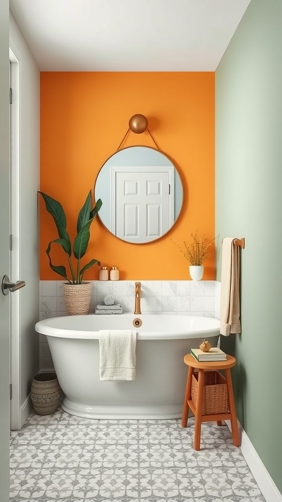 A small bathroom featuring a bold orange accent wall, soft green wall, round mirror, and a plant.