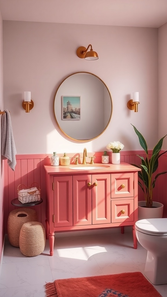 A bright coral bathroom vanity with gold fixtures, round mirror, and soft decor elements.