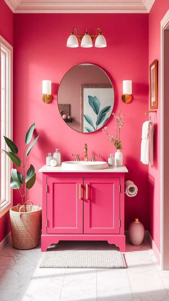 A vibrant pink single sink bathroom vanity with gold accents and a bright pink wall.