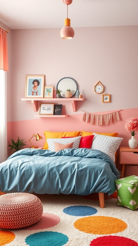 A colorful kids bedroom featuring a pink wall with a coral stripe, blue bedding, and vibrant decor.