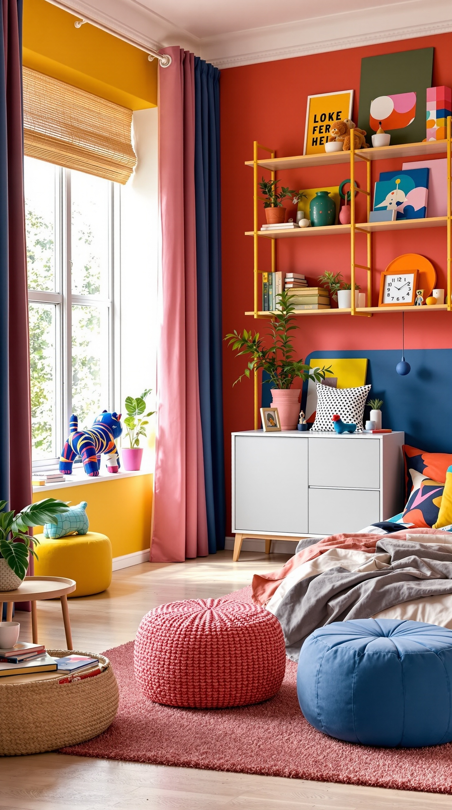 A colorful kids room featuring bold color palettes with red and yellow walls, pink and blue curtains, and playful decor.