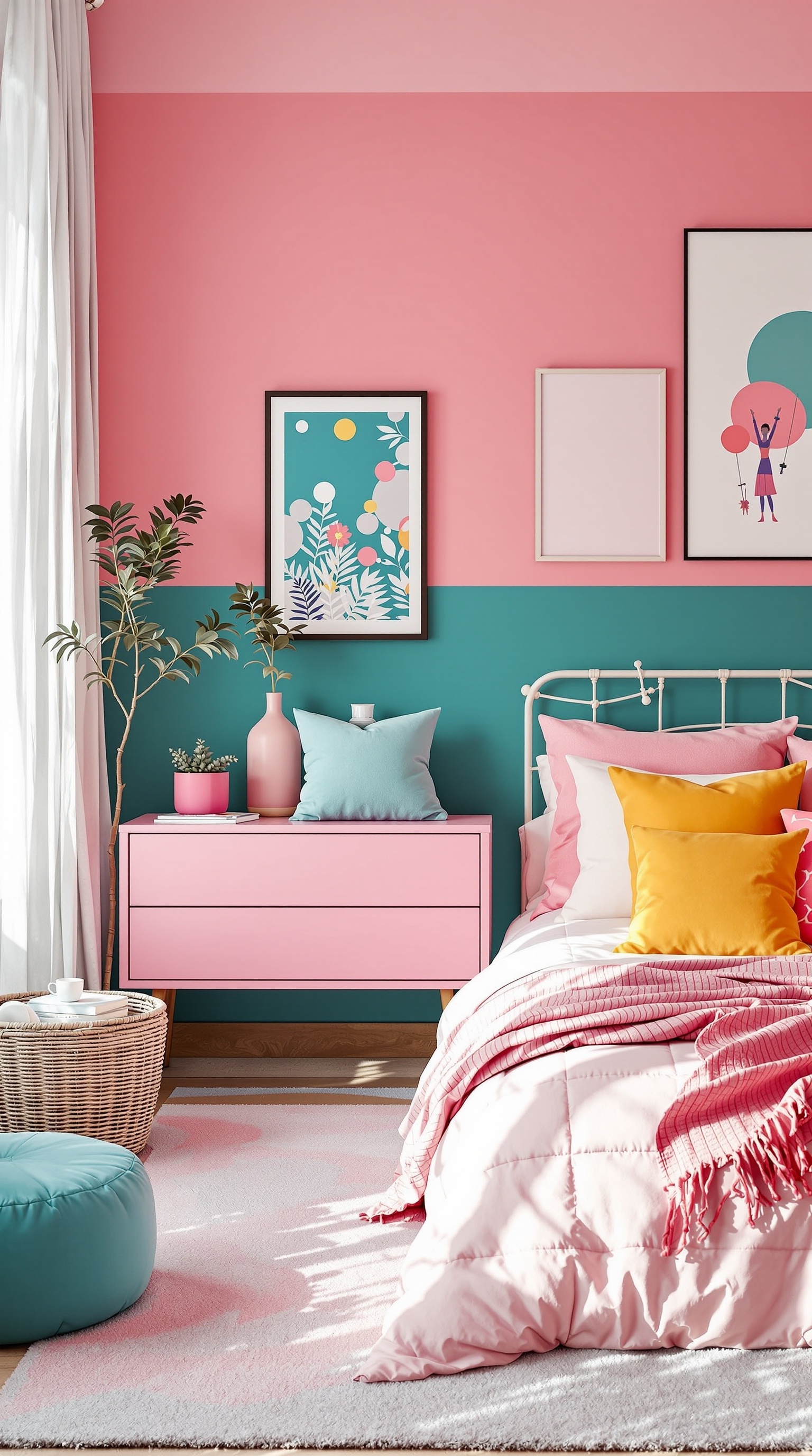 A girl's bedroom featuring bold color palettes with pink and teal walls, colorful pillows, and playful artwork.